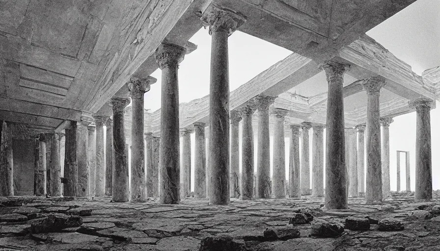 Prompt: 1 9 7 0 s andrei tarkovsky movie still of a pyramid building with columns, by piranesi, panoramic, ultra wide lens, cinematic light, anamorphic, marble hole