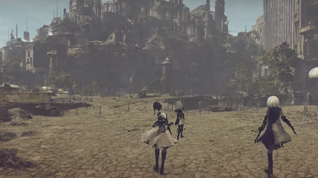 Image similar to Screenshot from Nier Automata, beautiful landscape in Marseille, France