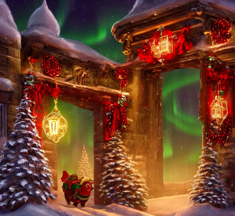 Image similar to a very detailed concept art of intricate and well designed jingle bell gates to santa's northpole, infused with aurora borealis, dynamic lighting, trending on artstation, path traced, highly detailed, high quality, digital painting, digital art, 4 k, hyper realistic, octane render, sharp focus