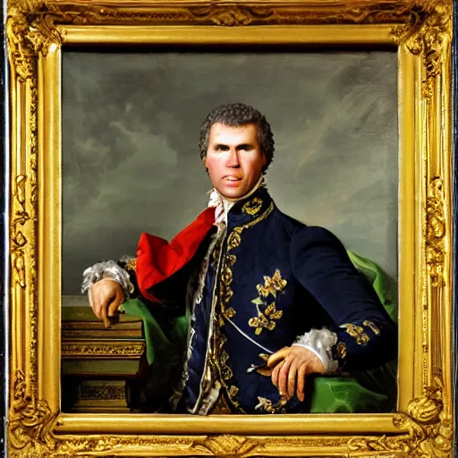 Image similar to A rococo portrait of Will Ferrell as the King of France, by Jacques-Louis David, Réunion des Musées Nationaux, Louvre Catalogue photography