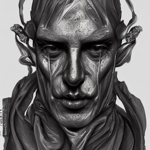 Prompt: charcoal painting of a sculpture wearing robe with melting face, distorted, abstract, creepy, intricate, elegant, highly detailed, ray tracing, digital painting, artstation, concept art, art by artgerm and greg rutkowski and alphonse mucha, 8 k