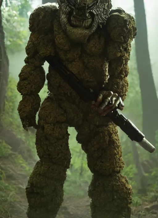 Prompt: cinematic, 4 k, full body portrait, rock golem as a soldier smoking a cigarette, still from the movie predator