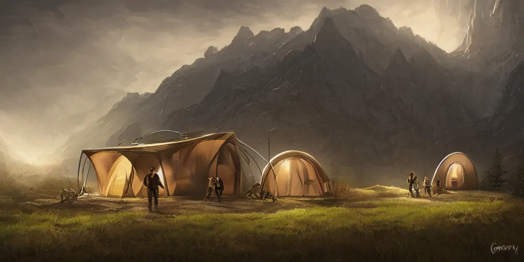 Image similar to cabela's tent futuristic pop up family pod, cabin, modular, person in foreground, mountainous forested wilderness open fields, beautiful views, painterly concept art, joanna gaines, environmental concept art, farmhouse, magnolia, concept art illustration by ross tran, by james gurney, by craig mullins, by greg rutkowski trending on artstation