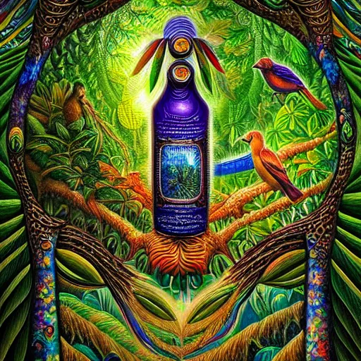 Image similar to visionary art, rainforest trapped within a bottle, with great birds, rich geometry, precise and incredibly highly detailed intricate 8 k wallpaper, john stephens, lisa frank, intricate stunning award winning masterpiece trending on artstation