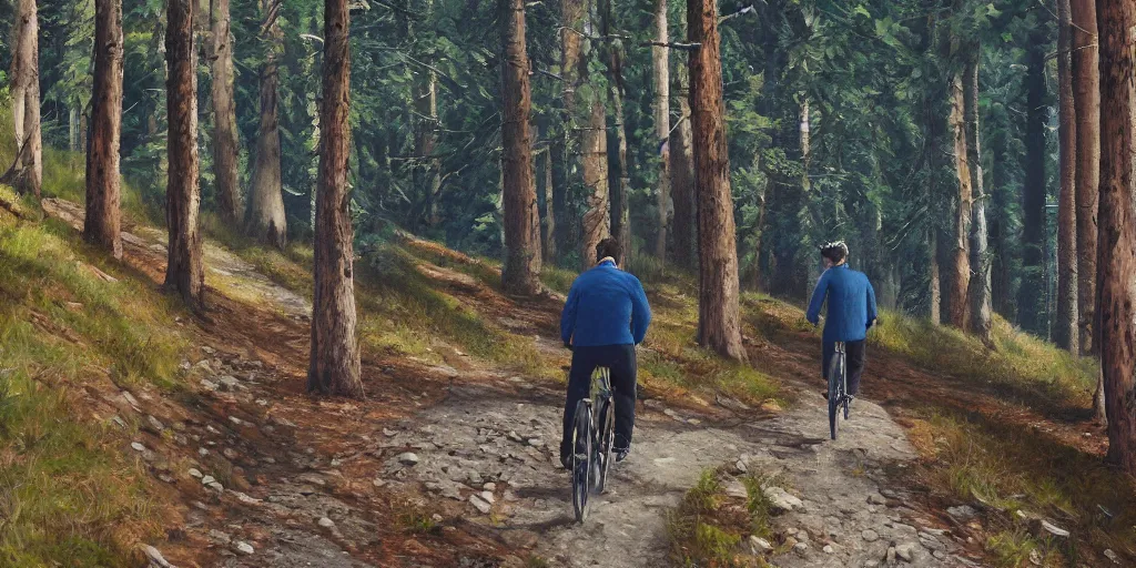 Prompt: Exact two men biking alone up a steep forest hill. One with a deep dark blue sweater and the other with a wine red sweater. sweaty. Oil painting. Emotional. Trending on artstation. Steep. Nordic Trees. Rustic. Artistic.