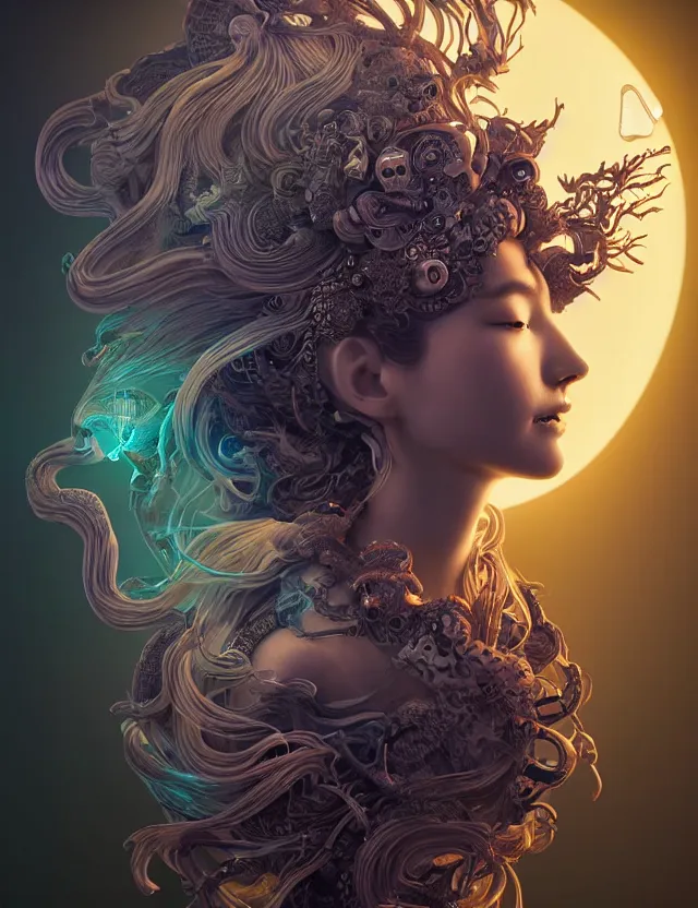 Image similar to 3 d goddess half - turn portrait with long hair with ram skull. beautiful intricately detailed japanese crow kitsune mask and clasical japanese kimono. betta fish, jellyfish phoenix, bio luminescent, plasma, ice, water, wind, creature, artwork by tooth wu and wlop and beeple and greg rutkowski