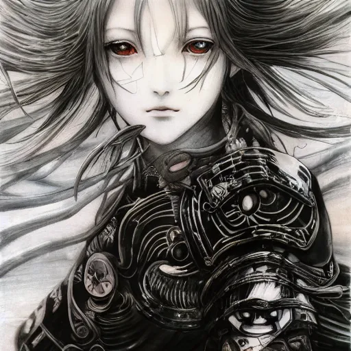 Image similar to Yoshitaka Amano realistic illustration of an anime girl with black eyes, wavy white hair fluttering in the wind and cracks on her face wearing Elden ring armour with engraving, abstract black and white patterns on the background, noisy film grain effect, highly detailed, Renaissance oil painting, weird portrait angle, blurred lost edges, three quarter view