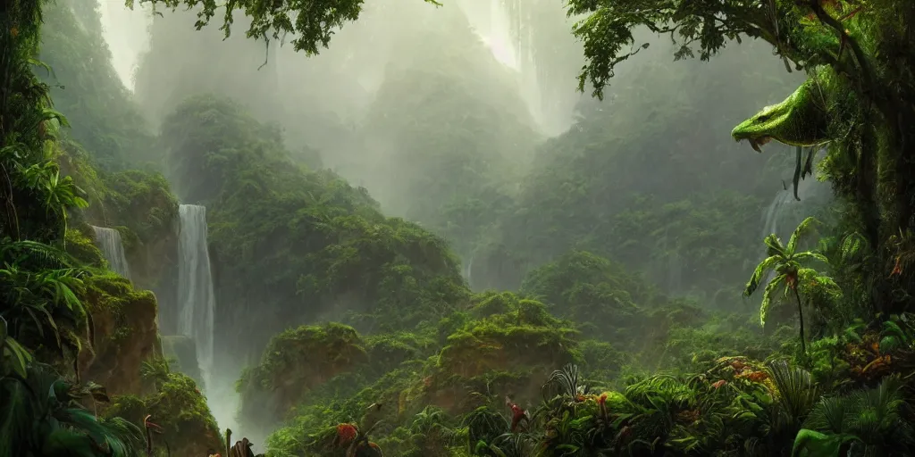 Prompt: a beautiful matte painting of a jungle location filled with green foliage and rainbow colored plants, inhabited by various types of dinosaurs, by Christophe Vacher and Bastien Lecouffe-Deharme, trending on artstation, vivid color scheme,wide angle,highly detailed,v-ray render,photorealistic,4k render