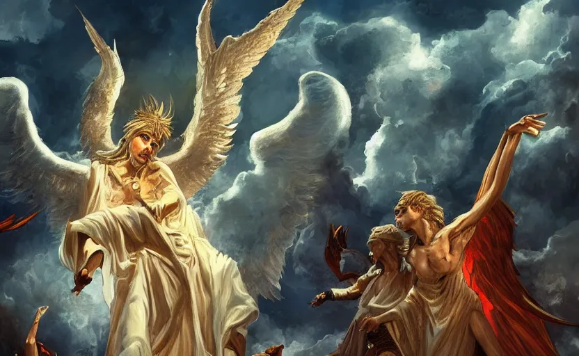 Prompt: Lucifer leads a rebellion of angels in heaven against god, digital art, very detailed, award winning, trending in Art Station,