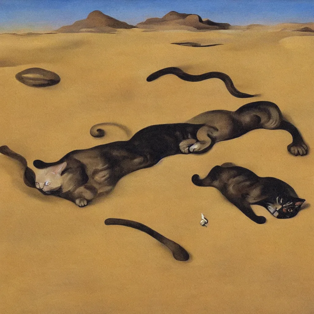 Image similar to an untradetailed oil painting of a melting cat lying on flowing desert, landscape with dunes and oasis far away, by salvador dali