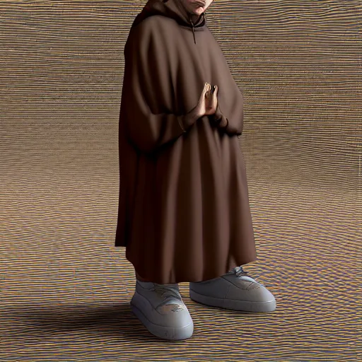 Prompt: franciscan monk wearing yeezys by Range Murata, Katsuhiro Otomo, Yoshitaka Amano, and Artgerm. 3D shadowing effect, 8K resolution
