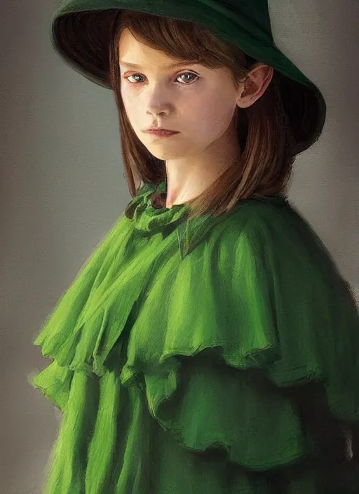 Image similar to a portrait of an eleven year old girl with brown hair. she is wearing a simple green dress and a black pointed witch hat. beautiful painting with highly detailed face by greg rutkowski and magali villanueve