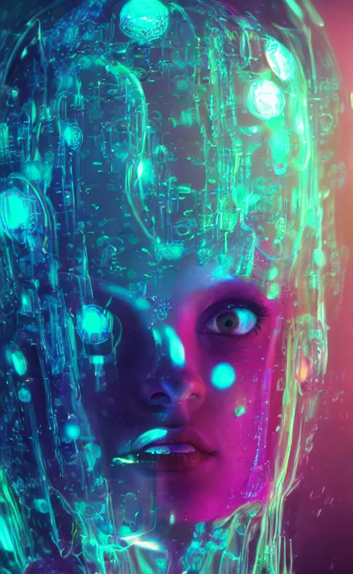Image similar to multicolor organic bubble portrait of a girl, cyberpunk, weird, octane render, hyper realistic reflections, graphic, hd, 8 k