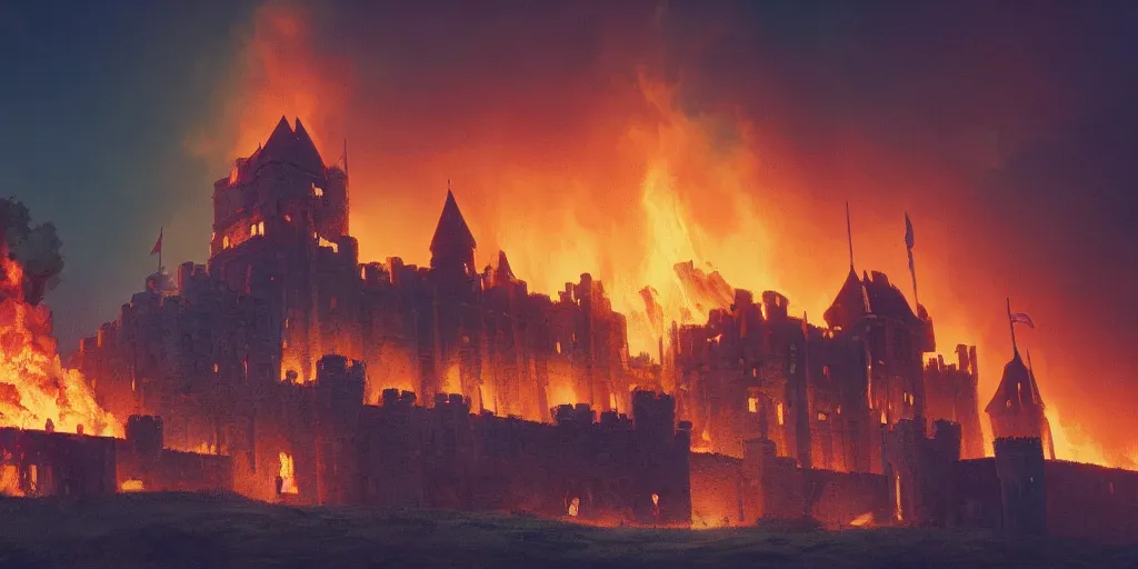 Prompt: a royal medieval castle on fire, burning down, intense flames, landscape by simon stalenhag, rendered by beeple, by makoto shinkai, digital art