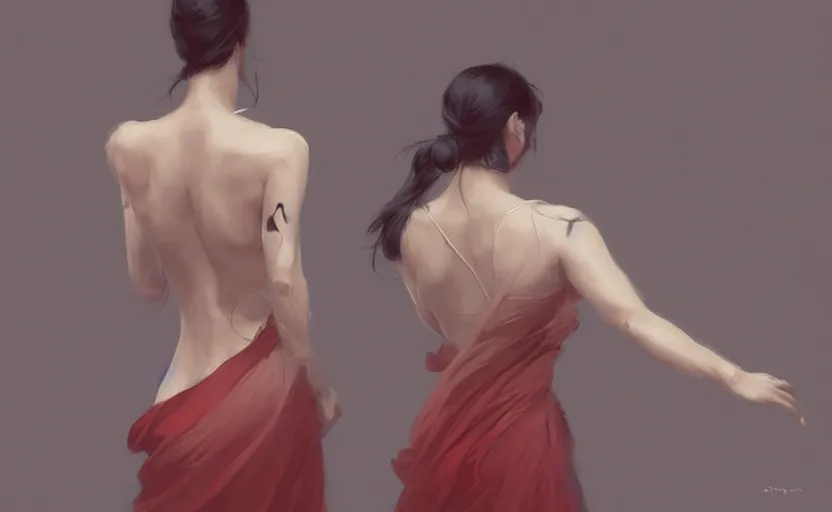 Prompt: beautiful asian woman, back, soft grey and red natural light, 3 5 mm film grain, intricate, digital painting, artstation, concept art, smooth, sharp focus, illustration, art by greg rutkowski and luis rollo and uang guangjian and gil elvgren, symmetry!