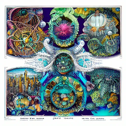 Prompt: gem colors in future cityscape by Joe Fenton and Ernst Haeckel