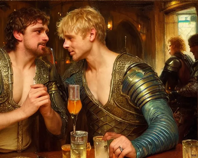 Prompt: attractive arthur pendragon and attractive lancelot go to a pub together to have some drinks. highly detailed painting by gaston bussiere, craig mullins, j. c. leyendecker 8 k