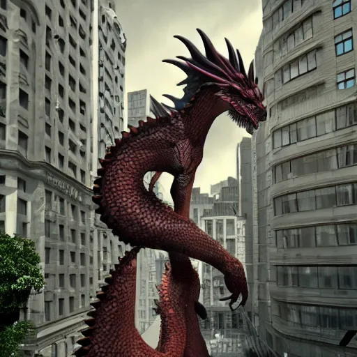 Prompt: high quality realistic render of a giant female anthropomorphic dragon; leaning against a building with an elegant pose, in the city, 3D render, 8k HD, Deviantart, Furaffinity