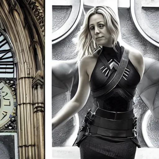 Image similar to A detailed photo of Kaley Cuoco under the Eastgate clock in Chester. Behind her we see a black panther