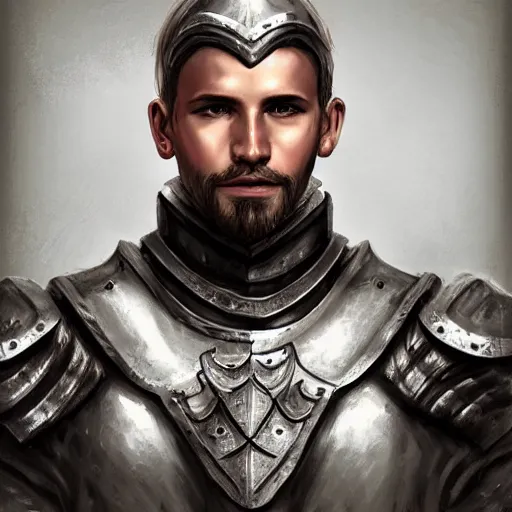 Prompt: realistic portrait, 30 year old man :: athletic, simple basic metal armour, majestic, authority, sword :: high detail, digital art, RPG, concept art, illustration