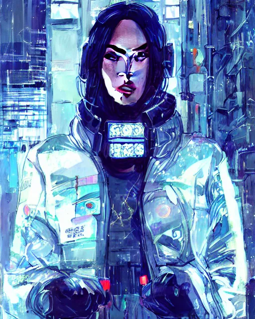 Image similar to detailed portrait megan fox cyborg operator girl cyberpunk futuristic neon reflective puffy coat, decorated with traditional japanese ornaments by ismail inceoglu dragan bibin hans thoma greg rutkowski alexandros pyromallis nekro rene margitte illustrated perfect face, fine details, realistic shaded, fine - face, pretty face