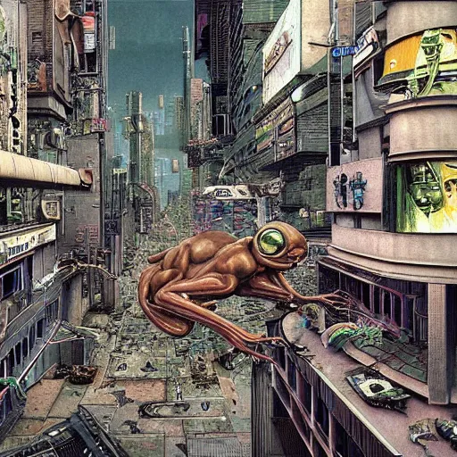 Prompt: a hyperrealistic painting of a cyberpunk city with cyborg pepe the frog fighting a mech. aliens watching from flying cars. westworld cinematic horror by chris cunningham, richard corben, highly detailed, vivid color, beksinski painting, part by hr giger, adrian ghenie and gerhard richter. art by takato yamamoto. masterpiece