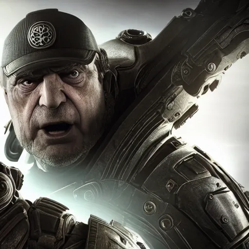 Image similar to george soros in gears of war, splash art, movie still, cinematic lighting, detailed face, dramatic, octane render, long lens, shallow depth of field, bokeh, anamorphic lens flare, 8 k, hyper detailed, 3 5 mm film grain