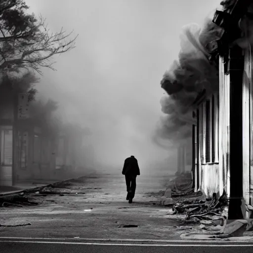 Prompt: tendrils of smoke twist around him as he walks down the lonely street of abandoned storefronts