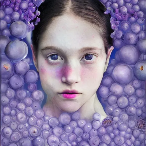 Image similar to a girl with three eyes : : on 5 translucent luminous spheres, full of floral and berry fillings, in an ocean of lavender color by rene margitte