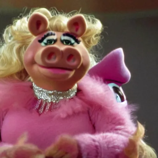 Image similar to movie still of miss piggy starring as trinity in the matrix movie