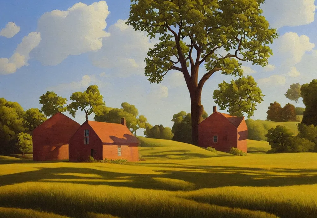 Image similar to a landscape painting of an old farm house in the countryside, summer, painting by kenton nelson, early morning light, puffy couds