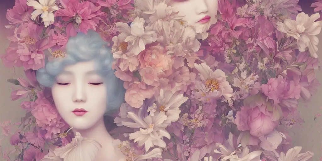 Prompt: breathtaking delicate painting pattern art deco blend of flowers and faces, by hsiao - ron cheng, bizarre compositions, many exquisite detail, pastel colors, 8 k