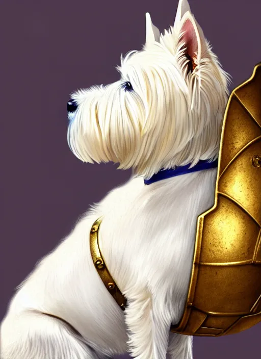 Image similar to a west highland white terrier sitting politely, facing the camera, wearing futuristic, golden armor, and a cannon mounted on his back, portrait, high detail, sharp focus, digital painting, artstation, concept art, art by hayao miyazaki and artgerm and greg rutkowski and alphonse mucha.