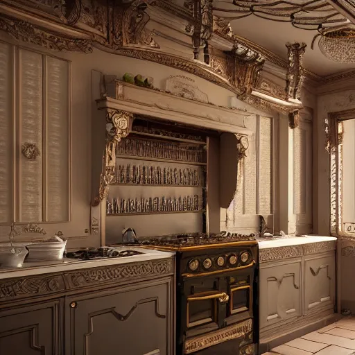 Prompt: a beautiful intricate victorian kitchen, 4 k, ultra - wide angle, elagant, highly detailed, photorealistic, octane render, 8 k, unreal engine, hd, trending on artstation, hyper detailed, intense colors