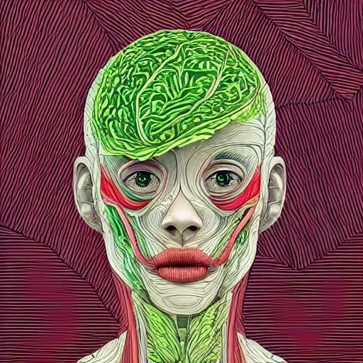 Prompt: the anatomy of a head of lettuce that looks like kim tae hee, an ultrafine detailed painting by james jean, intricate linework, bright colors, final fantasy, behance contest winner, vanitas, angular, altermodern, unreal engine