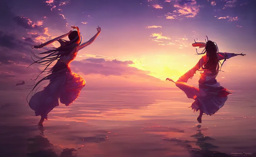 Image similar to Himalayan priestess dancing on water, beautiful flowing fabric, sunset, dramatic angle, 8k hdr pixiv dslr photo by Makoto Shinkai rossdraws and Wojtek Fus