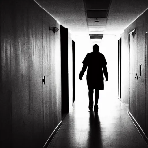 Image similar to a scary hallway that never ends that resembles a hospital with silhouettes of demons in the shadows, realistic, dark, horror, scary, eerie, obnoxious