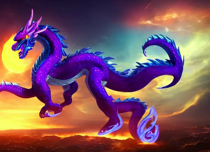 Prompt: aurelion sol dragon in the cosmos staring at the viewer, ultra realistic 4 k unreal engine render with ray tracing bloom ambient occlusion