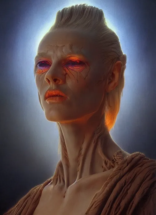 Prompt: biblical beautiful female digital druid, glowing veins, in clouds, sunset, portrait by wayne barlowe, by peter elson, muted colors, by frank frazetta, extreme detail, reflections, trending on artstation, 8 k