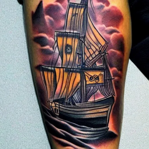 Image similar to A pirate ship tattoo design in the style of Dmitriy Samohin, hyper realistic tattoo