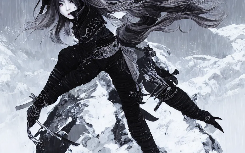 Image similar to portrait ninja gaiden girl, black plus white ninja wardrobe, at snowy fuji mountain sunrise, ssci - fi and fantasy, intricate and very very beautiful, detailed, digital painting, artstation, concept art, smooth and sharp focus, illustration, art by tian zi and wlop and alphonse mucha