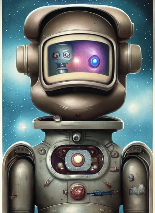 Image similar to highly detailed closeup, portrait of a retro robot deep space explorer, unreal engine, nicoletta ceccoli, mark ryden, earl norem, lostfish, global illumination, detailed and intricate environment