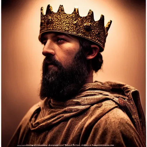 Image similar to stunning beautiful portrait photography of a medieval king with crown from national geographic magazine award winning, dramatic lighting, taken with Sony alpha 9, sigma art lens, medium-shot