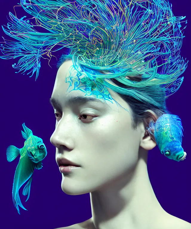 Image similar to symmetrical, centered, close-up portrait of goddess wearing crown made of betta fish, phoenix, bioluminiscent elements, intricate artwork by Tooth Wu and wlop and beeple. octane render, trending on artstation, greg rutkowski very coherent symmetrical artwork. cinematic, hyper realism, high detail, octane render, 8k