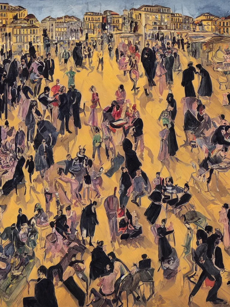 Image similar to nightlife in lisbon, feminist view, lisbon city at night, art in the style of paula rego