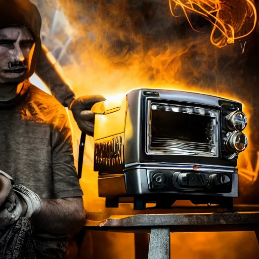 Image similar to cyborg toaster oven repairman, dark messy smoke - filled cluttered workshop, dark, dramatic lighting, orange tint, sparks, cinematic, highly detailed, sci - fi, futuristic, movie still