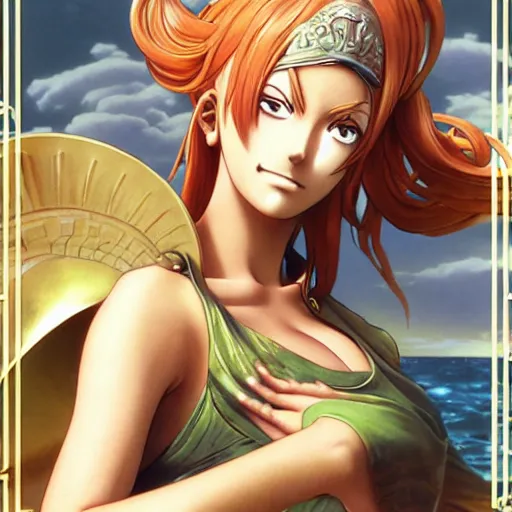 Image similar to intricately detailed vfx portrait of nami from one piece by eiichiro oda!, makoto shinkai, alphonse mucha, art by artgerm and greg rutkowski!, best of behance, concept art, matte, sharp focus, adolphe bouguereau, annie leibovitz, stanley kubrick,