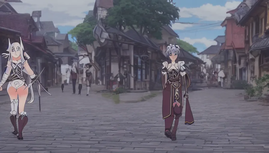 Prompt: Anime female knight elf • walking through the middle of an isekai town street • cinematic anime screenshot by the Studio JC STAFF