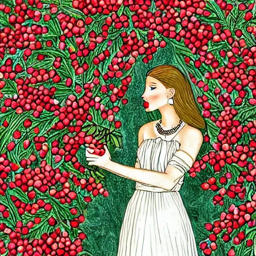 Image similar to Persephone surrounded by pomegranates, beautiful, modern