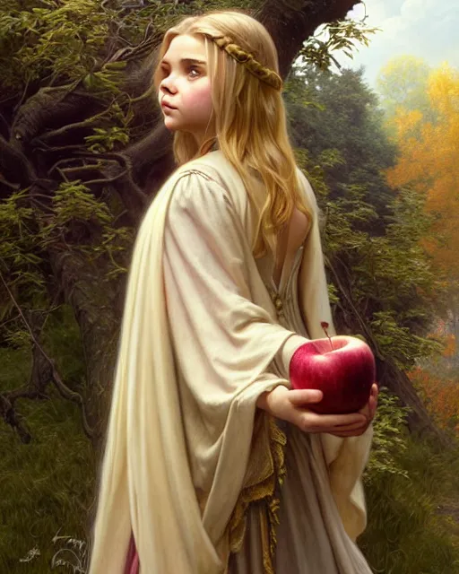 Prompt: young mage chloe grace moretz holing an apple, blonde hair, forest, heavy cloak and chemise, ultra realistic, intricate, elegant, highly detailed, digital painting, artstaion, smooth, sharp, focus, illustration, art by artgerm and greg rutkowski and alphonse mucha